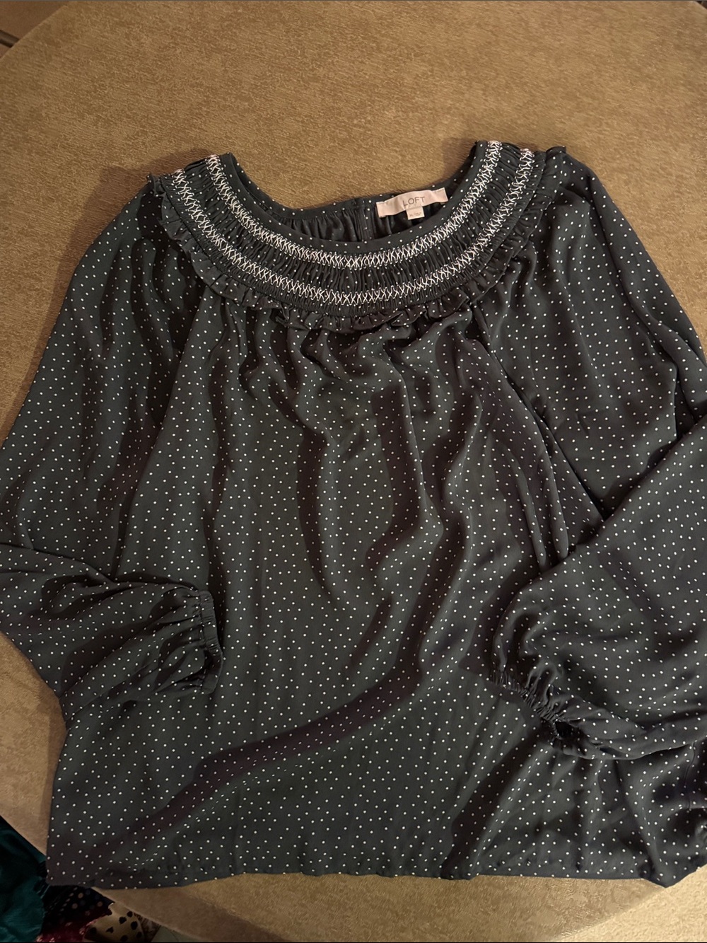 LOFT Teal Polka Dot Smocked-Neck Long Sleeve Top